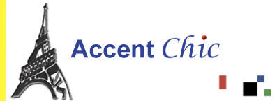 Logo with a stylized Eiffel Tower on the left and the text "Accent Chic" in the center. Three small squares in black, red, and green are at the bottom right.