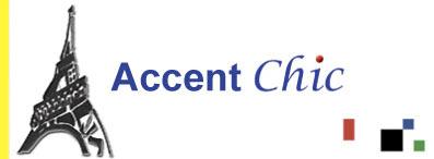 Logo with "Accent Chic" text, featuring a stylized Eiffel Tower on the left. There are small colored squares (red, blue, green, black) on the bottom right.