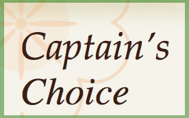 The image features the text "Captain's Choice" in elegant, dark font against a light background with subtle floral patterns, framed by a green border.