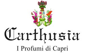 The image features the Carthusia logo with an intricate, colorful emblem on top, followed by the text "Carthusia" in a decorative font and "I Profumi di Capri" beneath it.