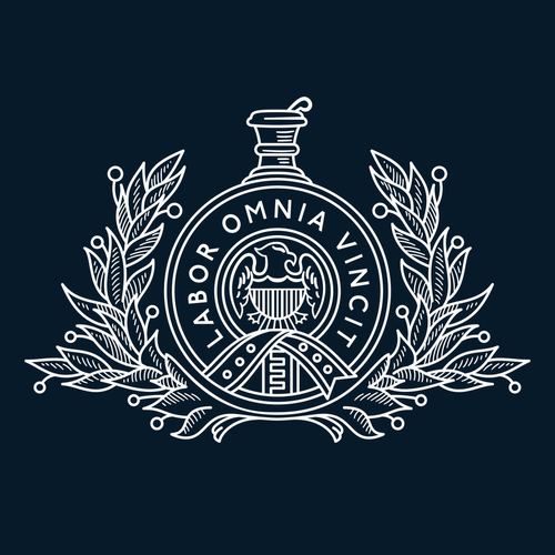 A decorative emblem featuring a central circular design with the text "Labor Omnia Vincit" and a stylized eagle. The emblem is adorned with symmetrical laurel branches on a dark background.