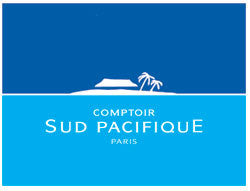 Logo featuring a blue background with white text: "Comptoir Sud Pacifique Paris." Above the text is a white silhouette of a hut and two palm trees.
