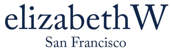 The image shows the logo "elizabethW" in large navy blue font with "San Francisco" written below it in smaller, delicate script.