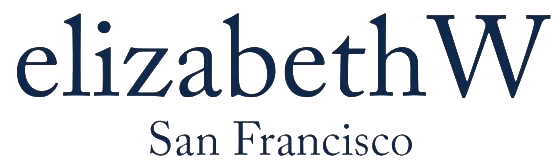 The image shows the logo "elizabethW" in large navy blue font with "San Francisco" written below it in smaller, delicate script.
