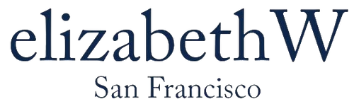 The image shows the logo "elizabethW" in large navy blue font with "San Francisco" written below it in smaller, delicate script.
