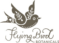 Stylized bird with floral designs and curled tail, accompanied by the text "Flying Bird Botanicals" in elegant script.