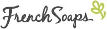 The image shows the words "French Soaps" in a cursive font with a light green outline of a butterfly on the right.