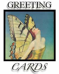 Vintage-style image of a woman with butterfly wings, face tilted upward. The text "GREETING CARDS" surrounds the image.