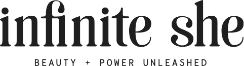 Logo with the text 'infinite she' in bold, black font. Below it is the tagline 'BEAUTY + POWER UNLEASHED' in capital letters with a smaller font size.
