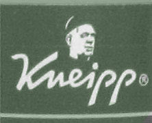 Logo featuring the word "Kneipp" in cursive with a monochrome illustration of a man wearing a hat above the text, set against a dark background.