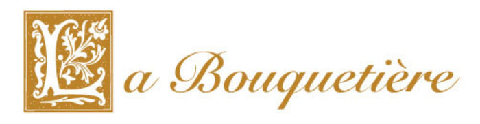 The image features the logo of "La Bouquetiere." It consists of a decorative floral design forming the letter "L" in a brown square, followed by the text "La Bouquetiere" in elegant brown script on a white background.