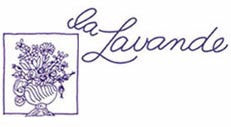Blue drawing of a vase with flowers next to cursive text "la Lavande.