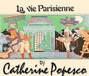 Illustration of people in vibrant costumes walking near an ornate building with text "La Vie Parisienne by Catherine Popesco" above and below the scene.
