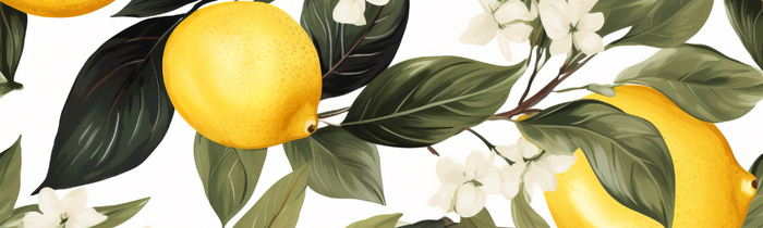 Illustration of vibrant yellow lemons and glossy green leaves interspersed with delicate white flowers, set against a white background.