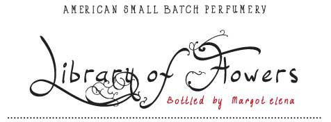 A decorative logo for "Library of Flowers," a brand described as "American Small Batch Perfumery," and "Bottled by Margot Elena." The text features elegant, swirling font designs for a classic, vintage look.