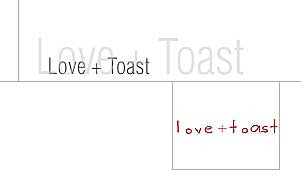The image features the text "Love + Toast" written in two different styles. The top is in a gray, elegant font, while the bottom is in a red, casual handwritten style.