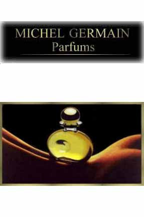 A perfume advertisement featuring a bottle of Michel Germain Parfums. The bottle is round with a golden hue, set against a dark backdrop. The brand name is displayed prominently above the bottle.