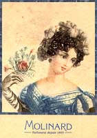 Vintage Molinard perfume advertisement featuring an illustrated woman in a blue dress holding flowers. Text reads "Molinard Parfumeur depuis 1849.