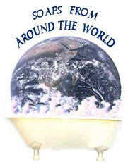 An illustration featuring the Earth inside a white bathtub filled with soapy bubbles. The words “Soaps from Around the World” are written in an arch above the planet.