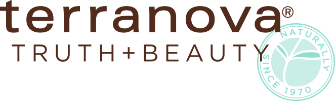 Terranova logo with the text 'Truth + Beauty' below it. A green circular seal on the right side contains the words 'Naturally Since 1970' and an image of a leaf inside.