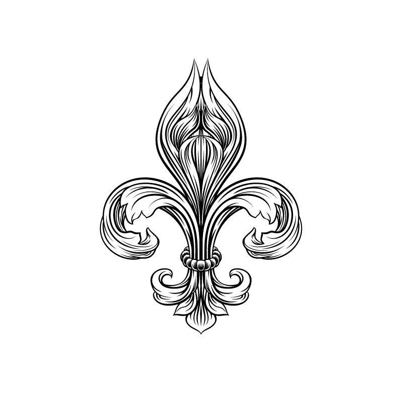 A black and white line drawing of a mountain landscape with a full moon or sun in the sky, above a river flowing between trees.