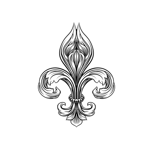 A black and white line drawing of a mountain landscape with a full moon or sun in the sky, above a river flowing between trees.