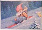 A gnome-like figure in a red hat and brown outfit is skiing down a snowy hill at night, holding a staff. A bag of gifts is nearby, and snow-covered trees are in the background.