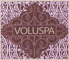 Ornate decorative label with intricate floral patterns in brown and pink hues. The word "VOLUSPA" is prominently displayed in the center.