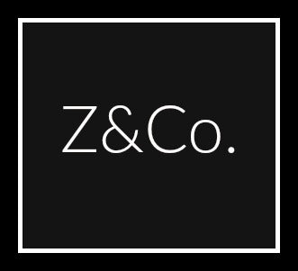 Black square logo with a white border featuring the text "Z&Co." in the center in white font.