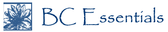 Logo with the text "BC Essentials" in blue. On the left, there is an illustrated blue floral design in a square frame.