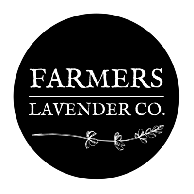 Logo with the text "Farmers Lavender Co." displayed in white on a black background. Below the text is a simple illustration of a lavender sprig.