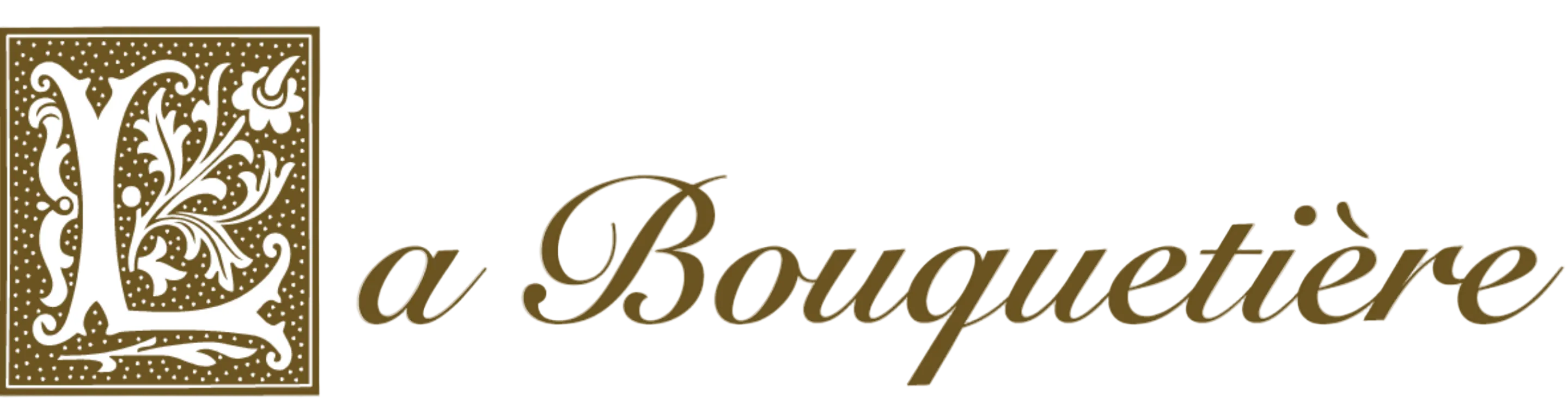 The image features the logo of "La Bouquetiere." It consists of a decorative floral design forming the letter "L" in a brown square, followed by the text "La Bouquetiere" in elegant brown script on a white background.