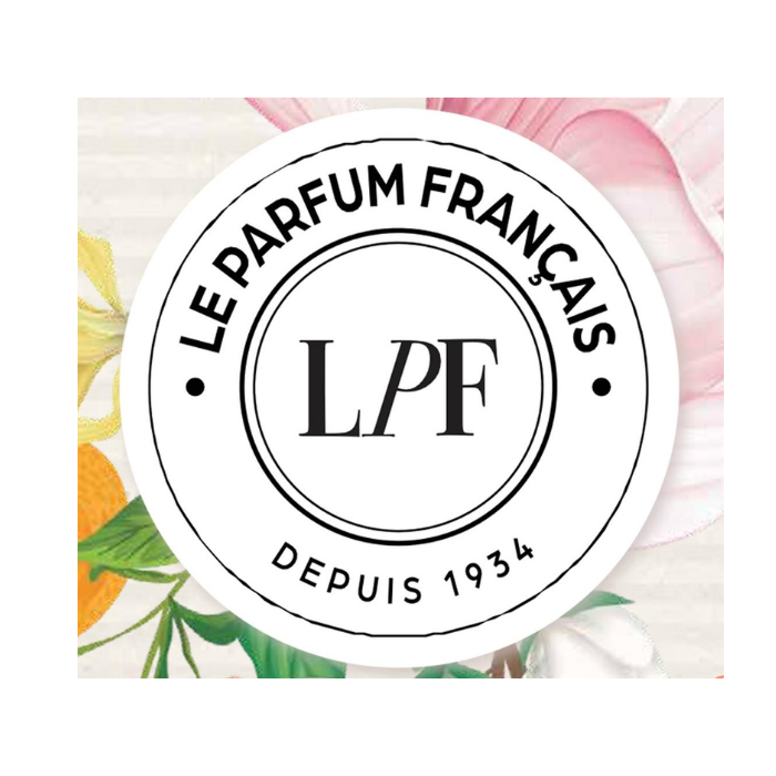 Logo with "LE PARFUM FRANÇAIS" and "LPF" in a circle, surrounded by floral illustrations. Text below reads "DEPUIS 1934." Background has a subtle floral design.