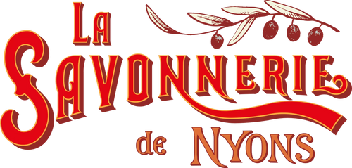 Logo of "La Savonnerie de Nyons" in stylized red and yellow text with olive branch and olives above.