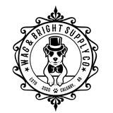 Logo for Wag & Bright Supply Co. features a dog wearing a top hat and bow tie, surrounded by an ornate circular frame. Text includes "Est. 2020" and "Calgary, AB.
