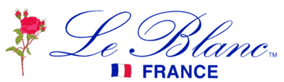 Le Blanc logo with red rose illustration on the left. Elegant blue script font used for 'Le Blanc.' Below is the French flag and the word 'FRANCE' in blue capital letters.