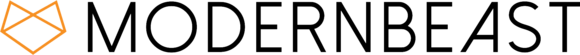 Logo of "Modern Beast" featuring a stylized, orange geometric design resembling a fox head to the left of the brand name in bold black letters.