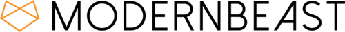 Logo featuring an orange geometric outline of a dog's face next to the word "MODERNBEAST" in bold, black, uppercase letters on a light background.