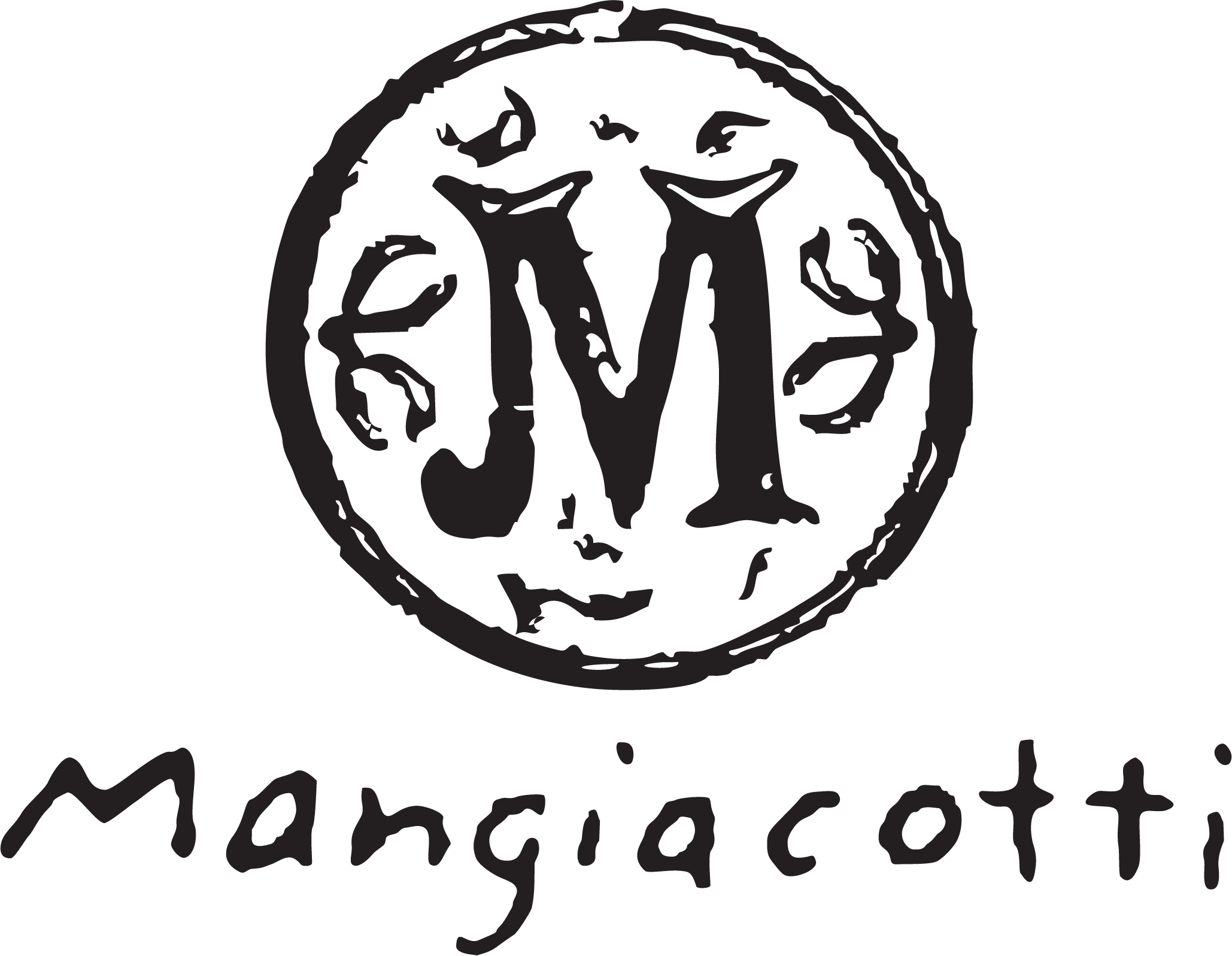 Logo with a large, stylized letter "M" inside a decorative circle, above the handwritten text "Mangiacotti.