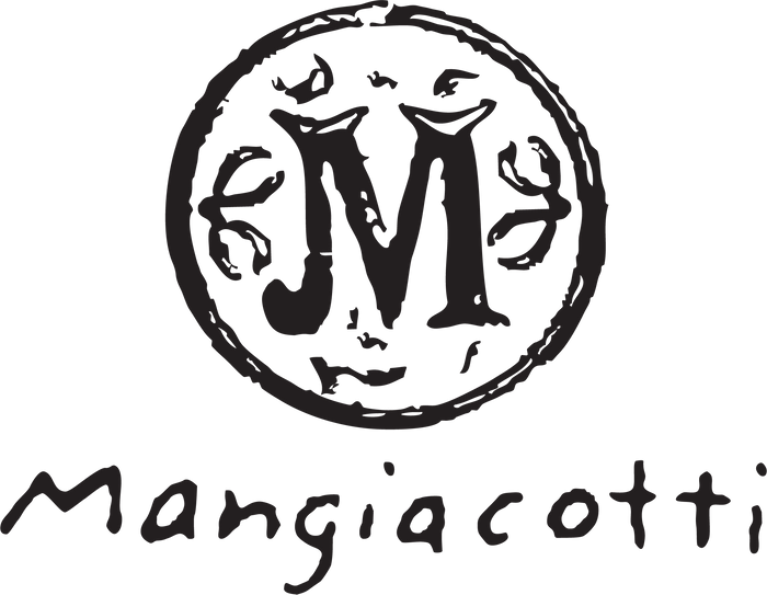 Logo with a large, stylized letter "M" inside a decorative circle, above the handwritten text "Mangiacotti.