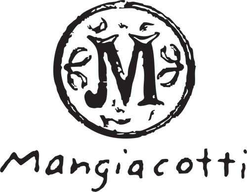 Black and white logo of Mangicotti with a stylized "M" inside a circle featuring decorative elements. The brand name "Mangiacotti" is written below in a casual script font.