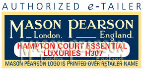 Logo for an authorized e-tailer of Mason Pearson. It features “Mason Pearson, London, England” with a red banner reading “Hampton Court Essential Luxuries H307.” The retailer’s name is printed over the logo.