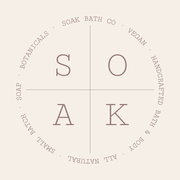 Circular logo with the word "SOAK" in the center, divided by lines. Surrounding text reads, "Soak Bath Co, Vegan, Handcrafted Bath & Body, All Natural, Small Batch, Soap, Botanicals.