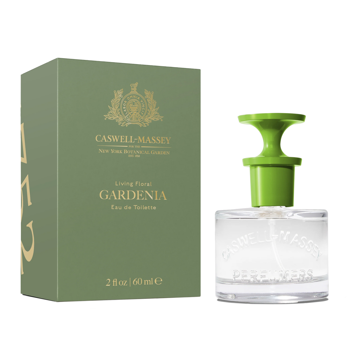 A green box labeled "Caswell Massey Gardenia Eau de Toilette - 60ml" stands beside a clear perfume bottle with a green cap and white spray nozzle, showcasing this elegant floral fragrance by Caswell Massey.