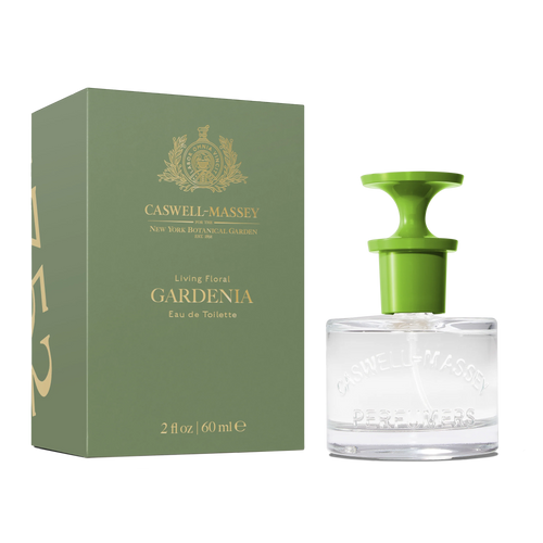 A green box labeled "Caswell Massey Gardenia Eau de Toilette - 60ml" stands beside a clear perfume bottle with a green cap and white spray nozzle, showcasing this elegant floral fragrance by Caswell Massey.
