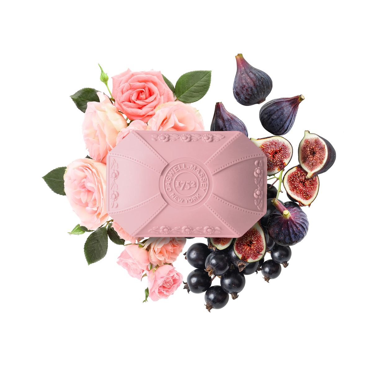 The Caswell-Massey Rose Luxury Bar Soap 100g is embossed and surrounded by pink roses, figs, and blackcurrants on a white background.