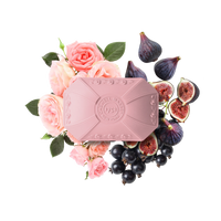 The Caswell-Massey Rose Luxury Bar Soap 100g is embossed and surrounded by pink roses, figs, and blackcurrants on a white background.