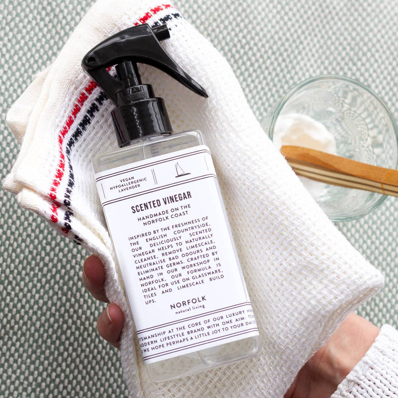 A hand holds a white textured cloth, a bottle of Norfolk Natural Living Rose Garden Scented Vinegar, and a small glass bowl with a wooden spoon and white powder, likely baking soda, on a light surface.