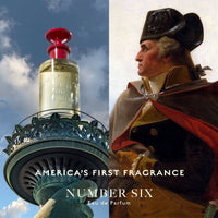 Split image: Left, Caswell-Massey Number Six Eau de Parfum 100mL bottle atop a statue torch; right, a painted George Washington in uniform. Text: "America’s First Heritage Fragrance by Caswell-Massey.