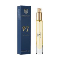 A Caswell-Massey Number Six Eau de Parfum 7.5ml spray bottle with a gold cap stands beside its matching navy blue and gold box, highlighting the classic citrus woody scent of this historic Caswell-Massey fragrance.